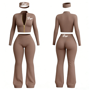 Ensemble de survêtement pour femmes Y2K avec logo personnalisé, veste zippée intégrale personnalisée avec <span class=keywords><strong>pantalon</strong></span> évasé, ensemble de 3 pièces pour la salle de sport et le fitness pour femmes - Product Image 3