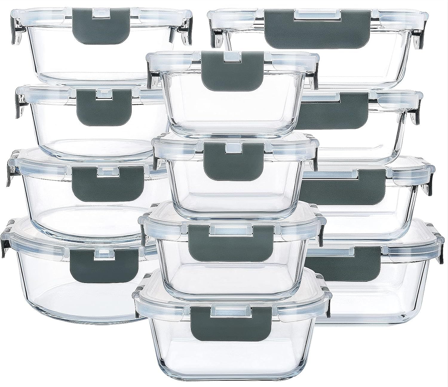 Hot Selling 12Pcs Set High Borosilicate Glass Lunch Box Minimalist Kitchen Grey Lid Air Tight Meal Prep Containers For Food