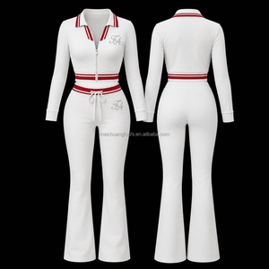 Ensemble de survêtement deux pièces pour femme, veste courte à col preppy et pantalon évasé, en <span class=keywords><strong>velours</strong></span> avec bordure rayée, personnalisable OEM - Product Image 2