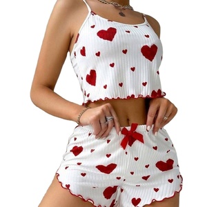 Soldes d'été : Ensemble pyjama sexy blanc en maille pour femme, imprimé cœurs, caraco et short, tenue de nuit 2 pièces - Product Image 3