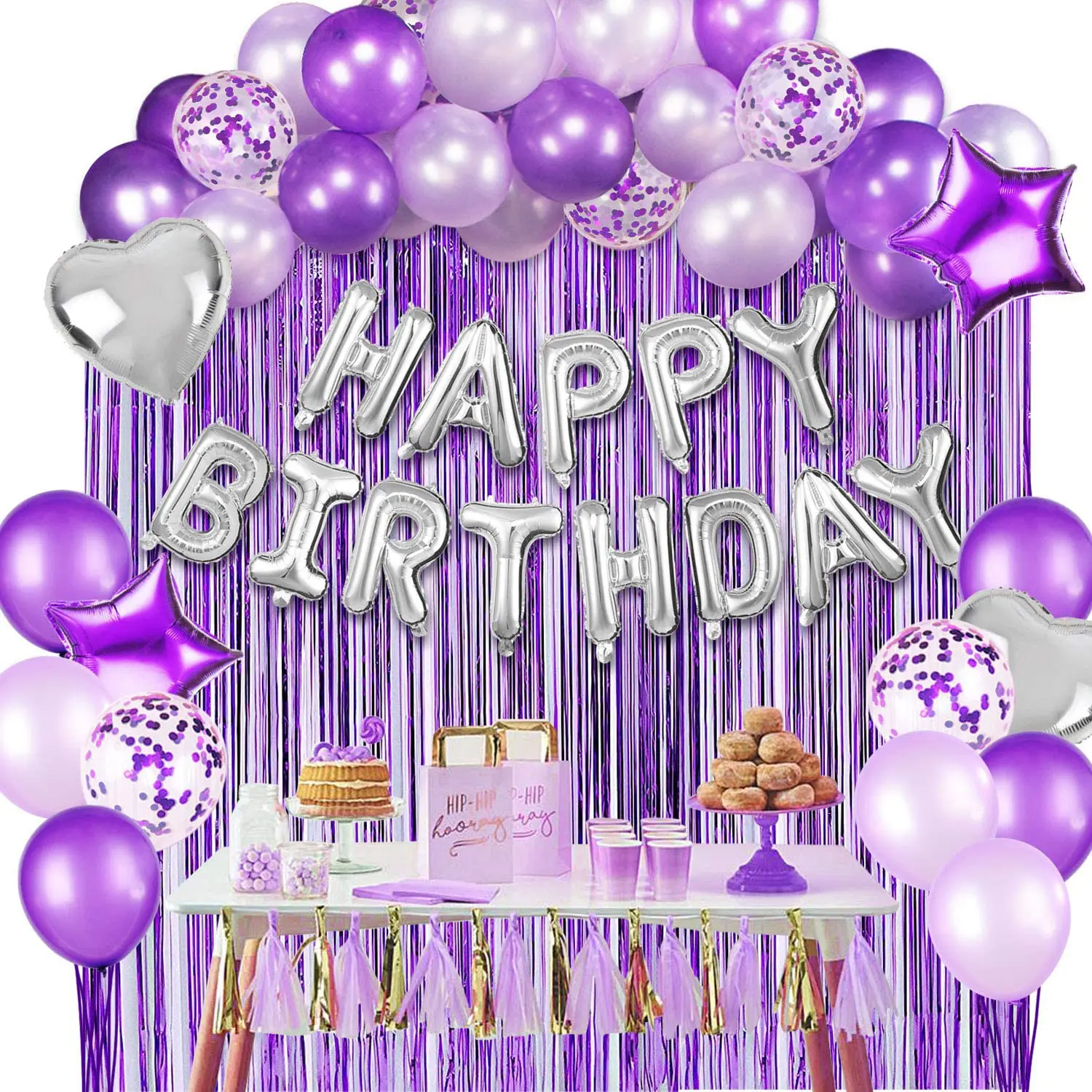 Украшения для вечеринок по случаю Дня рождения воздушные шары пурпурного цвета в комплекте; Вечерний комплект из воздушного шара дождем занавес серебристого цвета с принтом «шары с днем рождения» комплект поставки