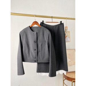 Women's Suit <b>Set</b> Gray Polyester Round Neck Short <b>Jacket</b> With Lace Trim Midi <b>Skirt</b> Formal Wear - Product Image 2