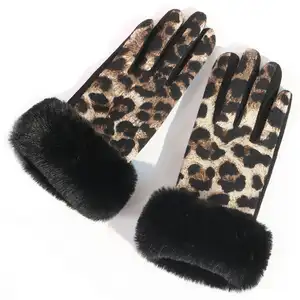Vrouwen Mode Warme Imitatie Konijnenbont Luipaard Print Punten Custom Touchscreen Handschoenen