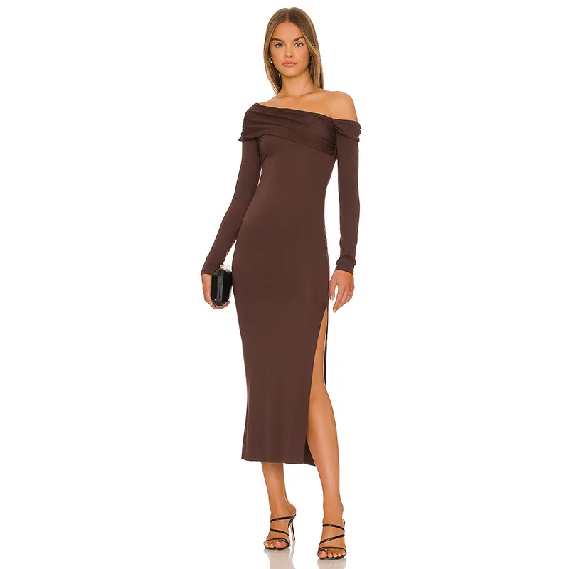 Women Fashion Casual Asymmetrical Shoulder Long Sleeve Maxi Dress