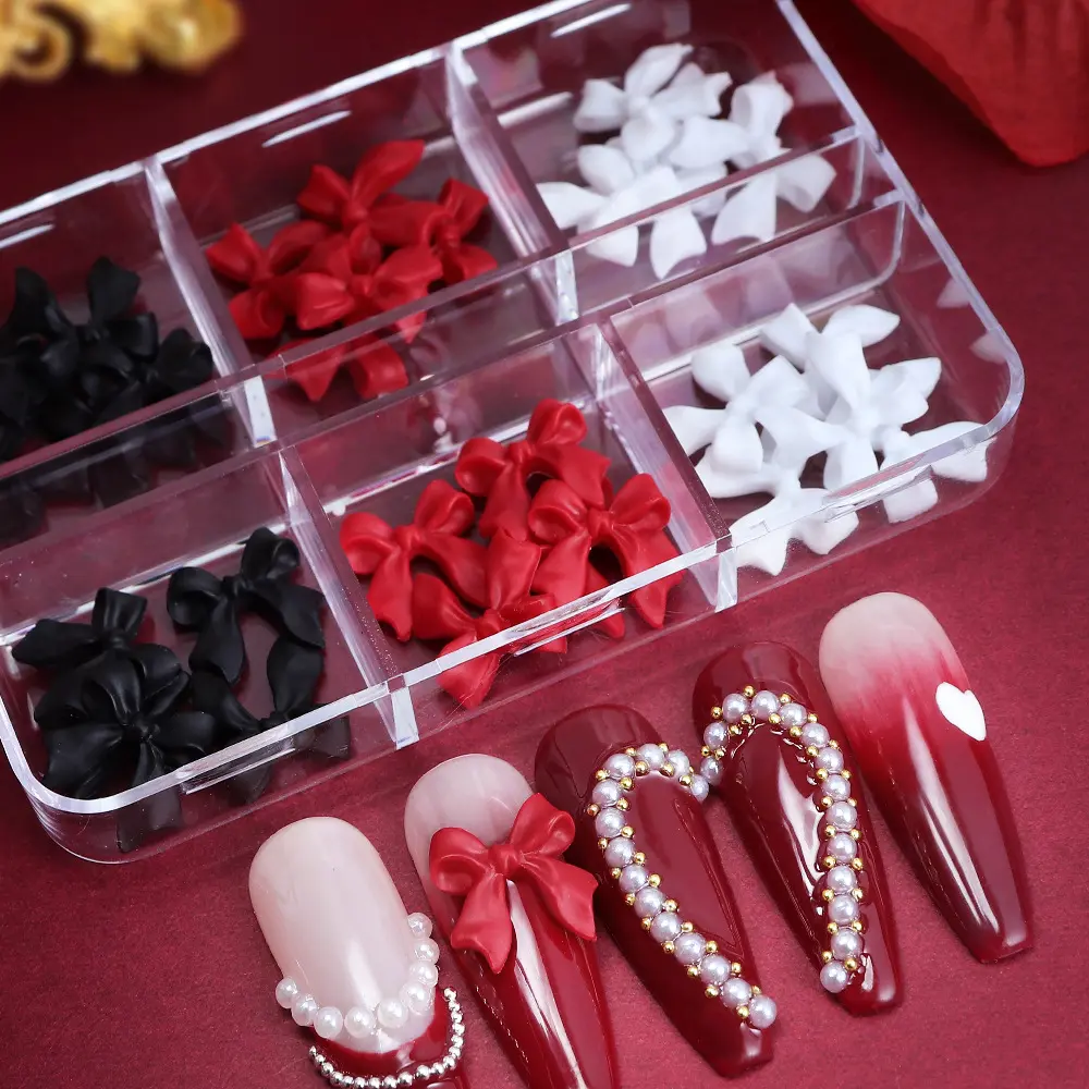 6 Grilles 30pcs Saint Valentin 3D Noir Blanc Rouge Couleur Noeud Papillon Ruban Nail Décoration