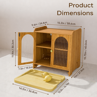Boîte à pain en bambou avec portes en verre à double arche, fermeture magnétique, planche à découper coulissante, rangement à 2 niveaux, aérations réglables, organisateur