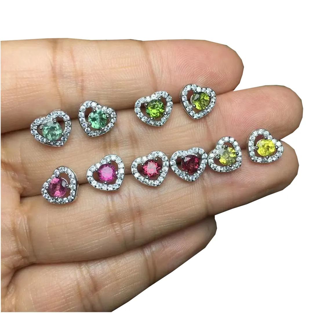 Chữa bệnh pha lê đá quý trang sức 925 sterling bạc dưa hấu Tourmaline Bông tai trái tim cho phụ nữ thời trang