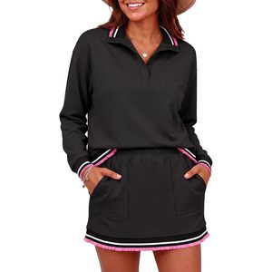 Ensemble de survêtement pour femme personnalisé, 2 pièces, manches longues, col chemise, mini-jupe, noir avec bordure rose - Product Image 1