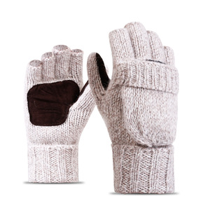 Personnalisé Hiver Femmes <span class=keywords><strong>Homme</strong></span> <span class=keywords><strong>Laine</strong></span> Épaisse Mitaines Ouvertes Demi Doigt Gants Chaud Flip Extérieur En Cuir Tricot Mitaines Douces - Product Image 4