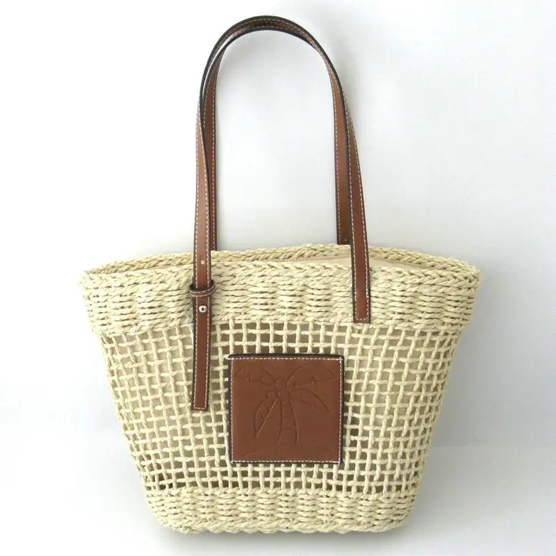 Yeni basit hindistan cevizi hurma tasarım hasır çanta plaj yaz omuzdan askili çanta kare desen delikli-out bayan çantası