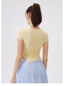 Women Ruched Side <b>Asymmetrical</b> <b>Hem</b> Yoga Crop <b>Top</b> Short Sleeve Slim Fit Soft Workout T-Shirt Tennis Pilates Athletic Shirt - Product Image 3