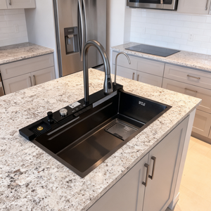 Évier de cuisine en acier inoxydable fait main, design en relief de baleine et de <span class=keywords><strong>volcan</strong></span>, grand bac de récupération des résidus, robinet, évier simple à quatre trous - Product Image 1