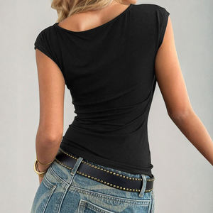 Dark Gothic Style Cowl Neck Tube <b>Top</b> Two-Piece Set Women High Quality Metal Buckle V-Neck Sexy Cutout Summer Knitted T-Shirt - Product Image 4