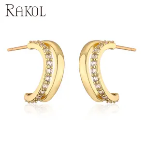 RAKOL EP5577 Minimalist 18K Gold Plated CC Moon Shaped Earrings Cubic Zirconia Women Tiny Stud Earrings For Girls Dating