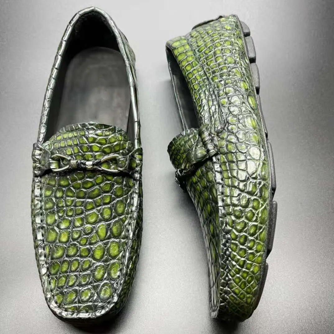 Goodyear yeşil mokasen erkekler için çin fabrikaları foshan ayakkabı timsah deri moda ayakkabılar timsah derisi gündelik erkek ayakkabısı