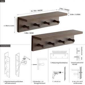 Solid Wood Wall Shelf 40x10x10.5cm Minimalist Coat <b>Rack</b> With Hooks For Entryway Bedroom Storage - Product Image 3