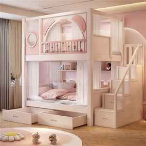 Cama litera de madera maciza para dormitorio de niñas JS, muebles modernos y duraderos con tobogán, escalera con armario y diseño de almacenamiento con doble cajón - Product Image 2