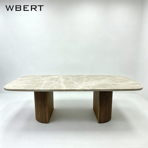Table à manger ovale en marbre de style américain WBERT, plateau en pierre et base en bois massif, mobilier contemporain pour la maison - Product Image 1