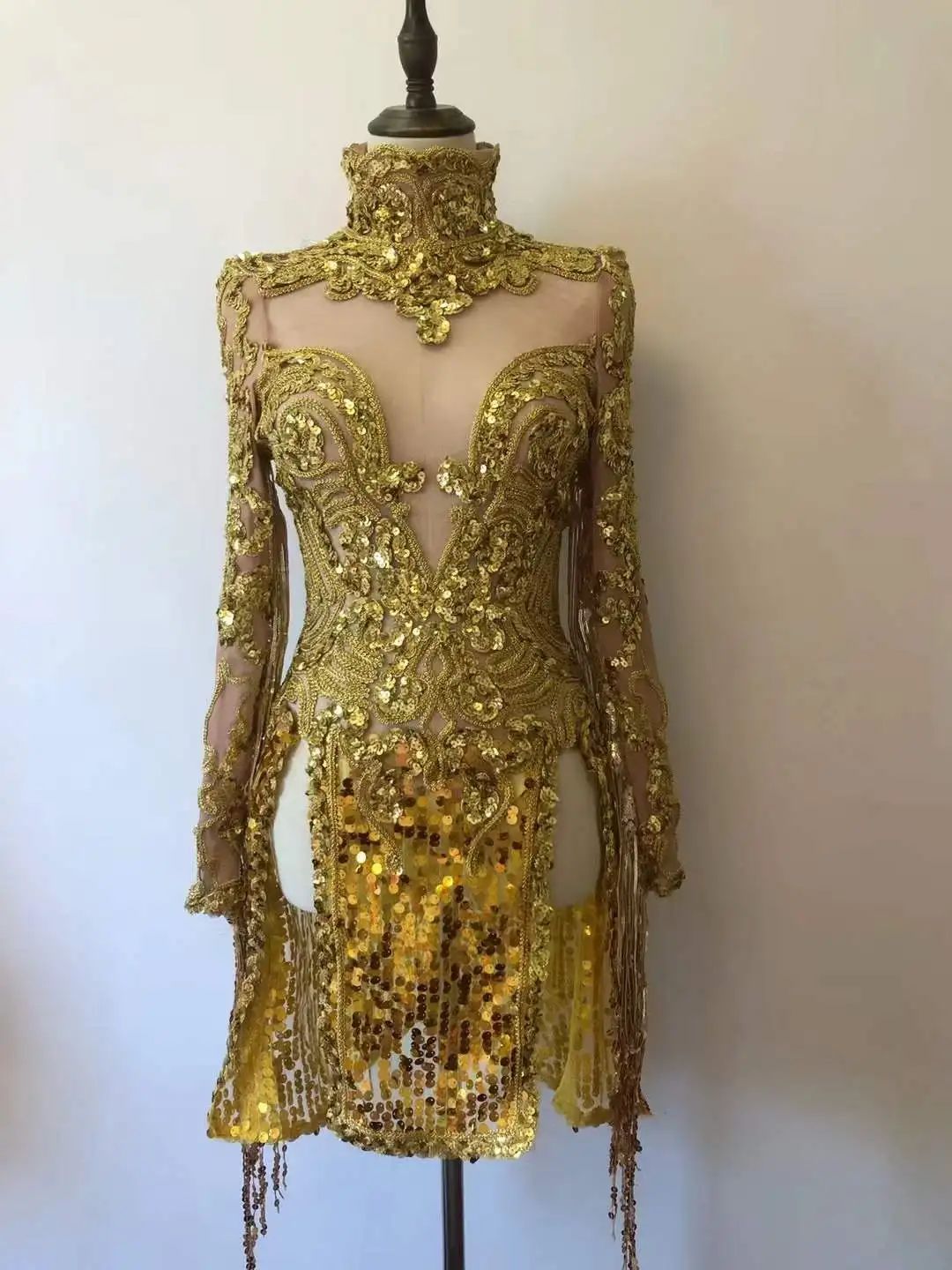 Gold Tassel Sequins Women Mini Dress for Drag Queen Performance