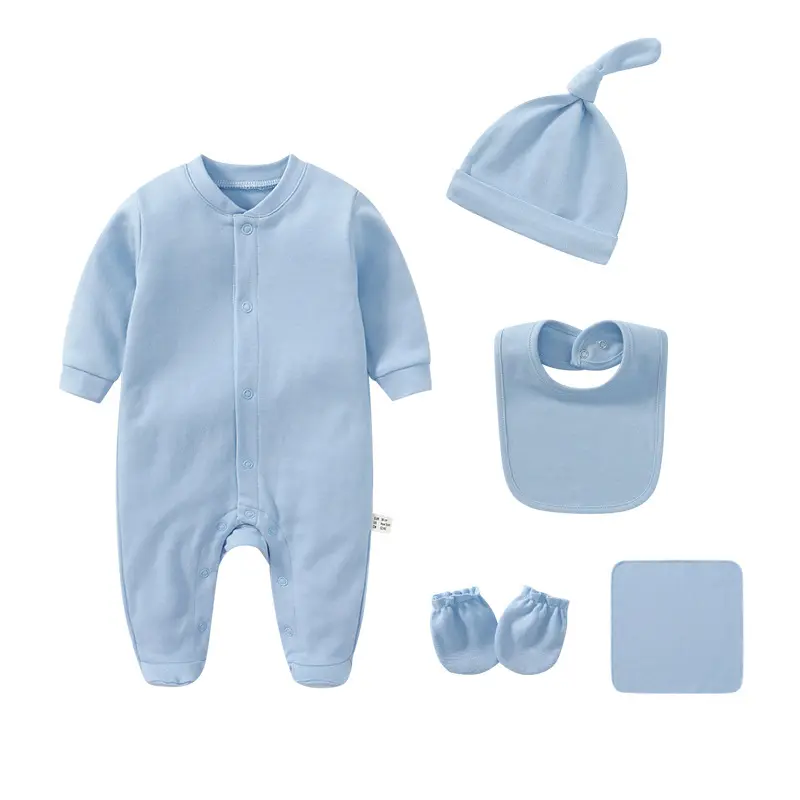 100% organic cotton baby newborn infant clothes romper pajamas bodysuit set with bib hat and shoes towel newborn gift set