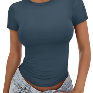 Camisetas de Mujer Casuales Básicas de Manga Corta, Corte Regular, Cuello Redondo 3D, con Spandex, Suaves, para Verano y Gimnasio - Product Image 5