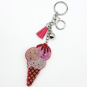 Porte-clés pendentif mini cornet de glace en strass scintillant pour femme, avec pompons mignons, breloque de sac à main - Product Image 2
