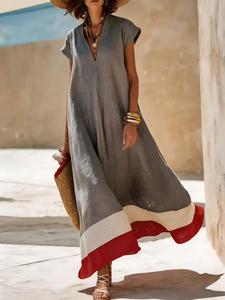 Abito lungo da donna a blocchi di colore, scollo a V con maniche corte arricciate e orlo a righe rosse e bianche, vestibilità ampia, casual, stile boho, copricostume estivo - Product Image 2