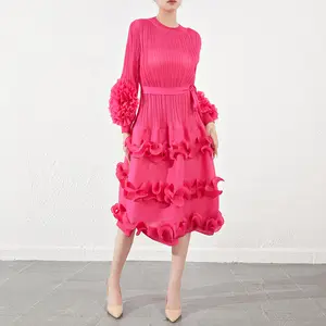 فستان جديد خريفي من مياكي بتصميم مطوي بحافة مكشكشة فضفاضة خصر مرن الطيات فوق الركبة