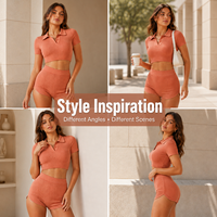 Conjunto de Yoga Personalizado para Mujer, Top Corto Tipo Polo de Manga Corta con Cintura Acanalada y Pantalones Cortos, Ropa Deportiva para Gimnasio, Ejercicio y Yoga