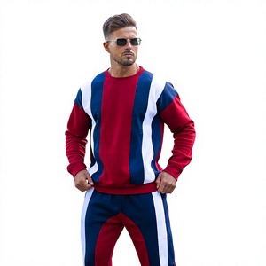 Ensemble de survêtement décontracté pour homme, rouge, bleu et blanc, à blocs de couleur, manches longues, col rond, avec poches latérales, pour le printemps - Product Image 2