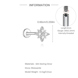 Pendiente de cartílago de plata de ley 925 con trébol de cuatro hojas y moissanita, parte trasera plana, joyería sencilla - Product Image 6