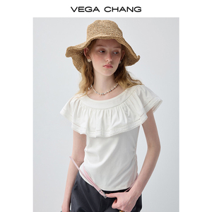 <span class=keywords><strong>Camiseta</strong></span> Casual Ajustada para Mujer VEGA CHANG, <span class=keywords><strong>Blanca</strong></span>, con Hombros Descubiertos, Adorno de Encaje con Volantes y Manga Corta - Product Image 5