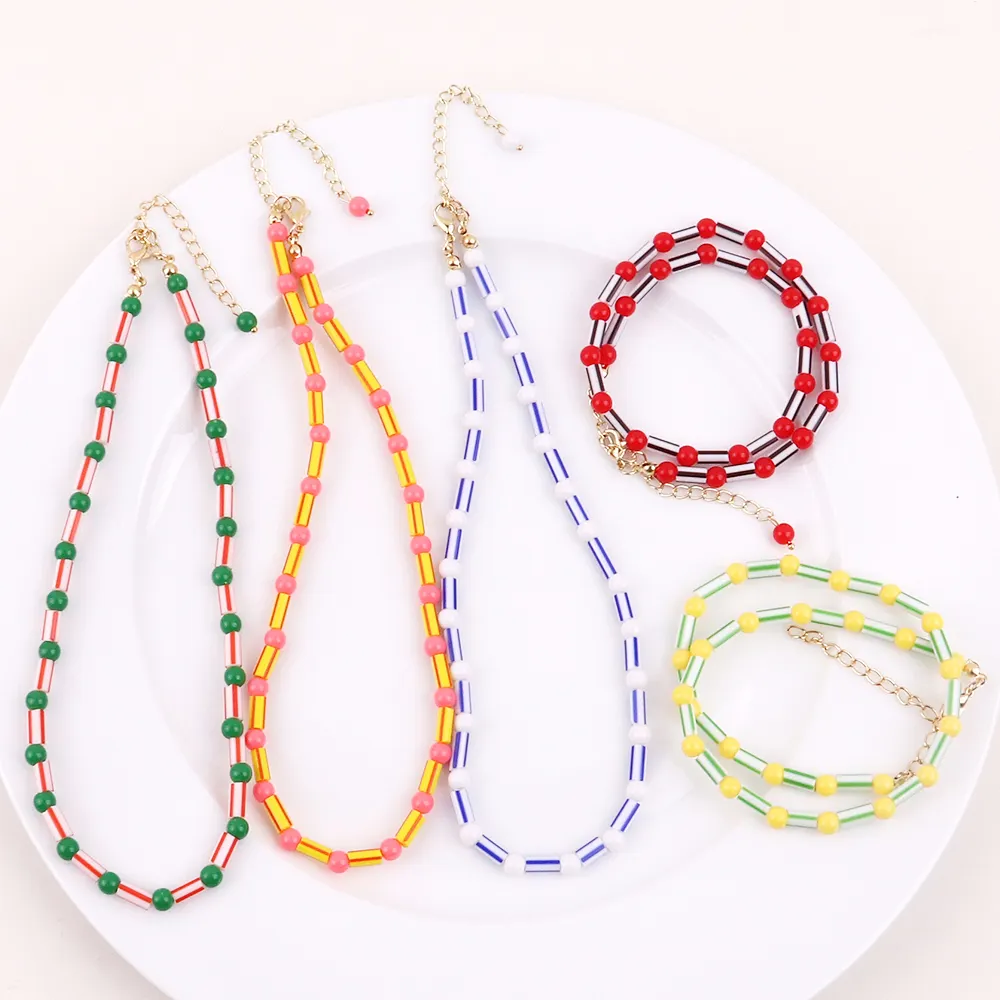 Bohemia Lovely Resin Beaded Necklace Colorful Round Bead Son Bamboo Measle Acrylic Long Necklace for Women Party Jewelry