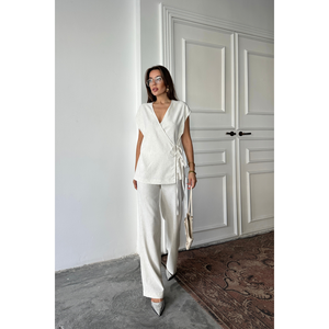 Ensemble chemisier et pantalon en lin brut à sequins, blanc, taille S pour femme - Product Image 6