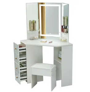 Makeup Dressing Table with Lights and Mirror Makeup Vanity with Shelves & Cushioned Stool Bedroom Furniture