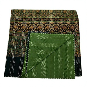 <b>Indian</b> hand block printed Kantha <b>Quilt</b> Handmade Cotton Bedcover Traditional Printed Green Black Pattern Home Decor All Season - Product Image 1