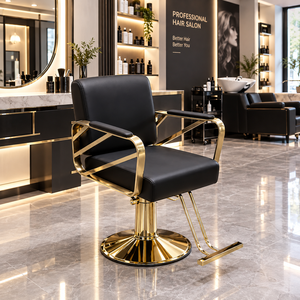 Fauteuil de barbier contemporain en similicuir noir avec structure en métal doré, base ronde rotative à 360 degrés, mobilier de salon - Product Image 1