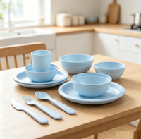 Ensemble de vaisselle incassable en plastique bleu, 15 pièces, réutilisable, assiettes, bols, tasses, fourchettes, cuillères pour enfants, pour un usage quotidien à la maison