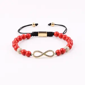 New Bracelet Red Stone Cinnabar CZ Infinity Charm Adjustable Men Couple Bracelet JBS12624