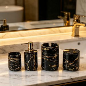 Eco-Friendly Marble Look Customized 5-Piece <b>Bathroom</b> Toilet <b>Accessories</b> <b>Set</b> for Countertop Use in Apartment Decor - Product Image 5