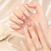 Kuku Palsu Premium Pink Pearl 3D Flower Shell French Short Almond Reusable Handmade Press on Nails Custom Logo Grosir