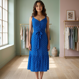 Vestido Midi de Algodón 100% con Estampado de Puntos, Corte Ajustado, Cintura Fruncida, Transpirable, Escote Corazón, Sin Mangas, con Aberturas Laterales, de la Mejor Calidad - Product Image 2
