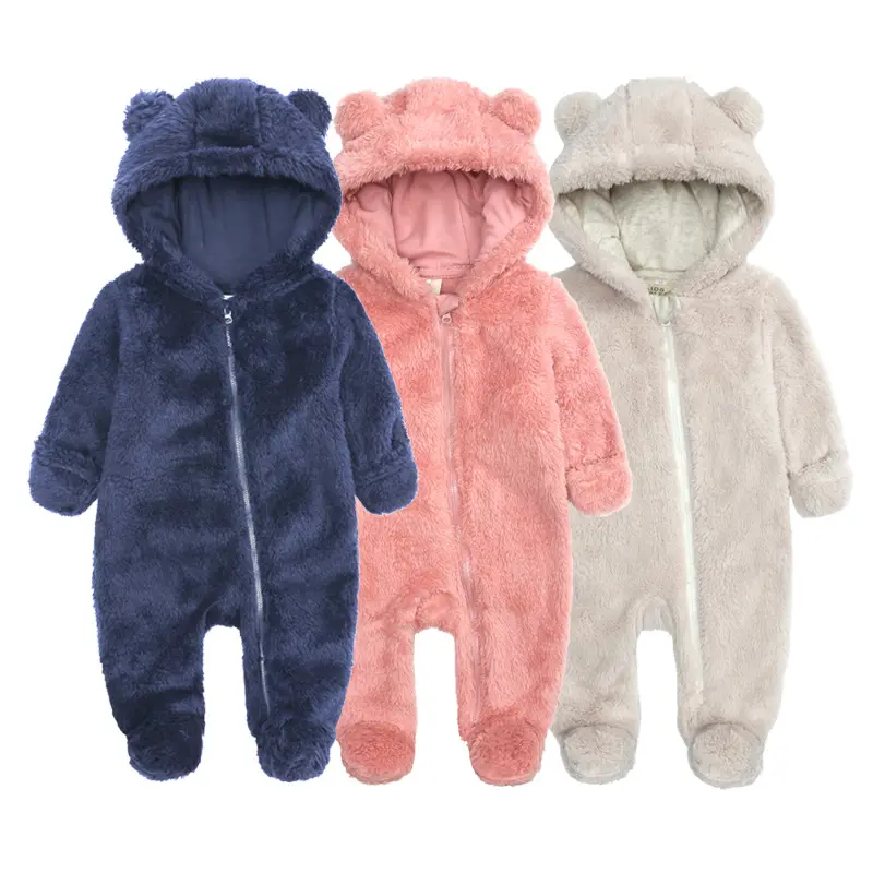 Cute baby winter animal romper Flannel hooded baby romper infant bear costume fur bodysuit