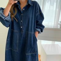 Robe midi cargo en jean décontractée coupe ample grande taille 2026 Nouvelle collection Col rabattu Ourlet fendu Robes en jean délavé pour femme