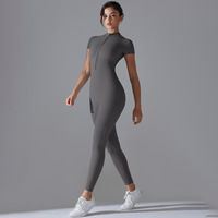 Combinaison de sport sans couture à col ouvert et fermeture éclair, style européen et américain, en Spandex/Nylon, à manches courtes, anti-transpiration, pour la danse et le fitness