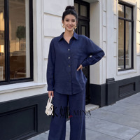 Ensemble deux pièces pour femmes en mélange coton-rayonne, chemise à manches longues boutonnée et pantalon large, bleu marine uni, ensemble décontracté pour femmes, vente en gros