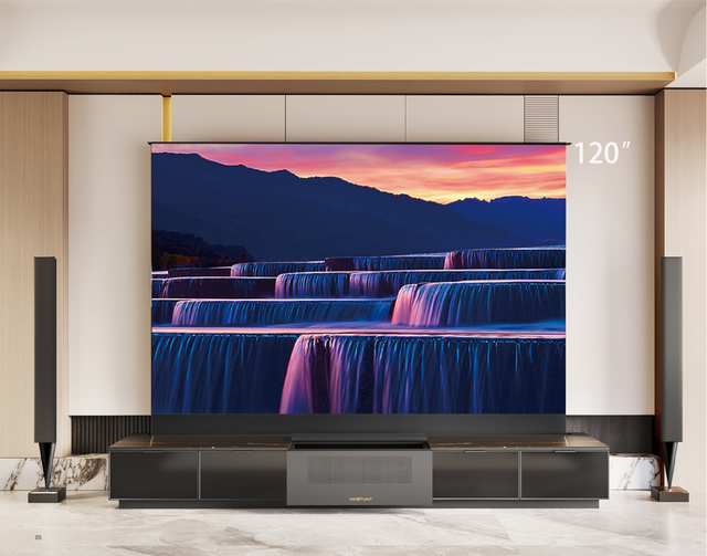 2024 New 120" Smart Laser TV Cabinet with UST ALR Floor Rising Projection Screen Smart Home Theater Laser TV Projector Cabinet