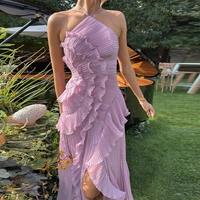 Nouvelle Robe Longue Chic Plissée à Col Halter et Bordure Lotus, Qualité Supérieure, Violet, pour Vacances 2025