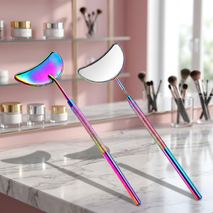 Espejo de mano para pestañas con mango, diseño desmontable, marco metálico de color arcoíris, herramienta de maquillaje con aumento de 3X - Product Image 2