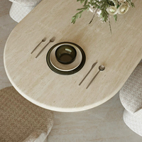 Table à manger ovale en marbre beige naturel, fabriquée à la main, table à manger de luxe en pierre massif